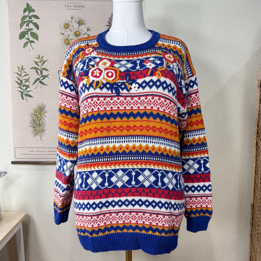 Fair Isle Floral Embroidered Pullover Sweater Retro Grandma Mod Whimsy Twee L XL